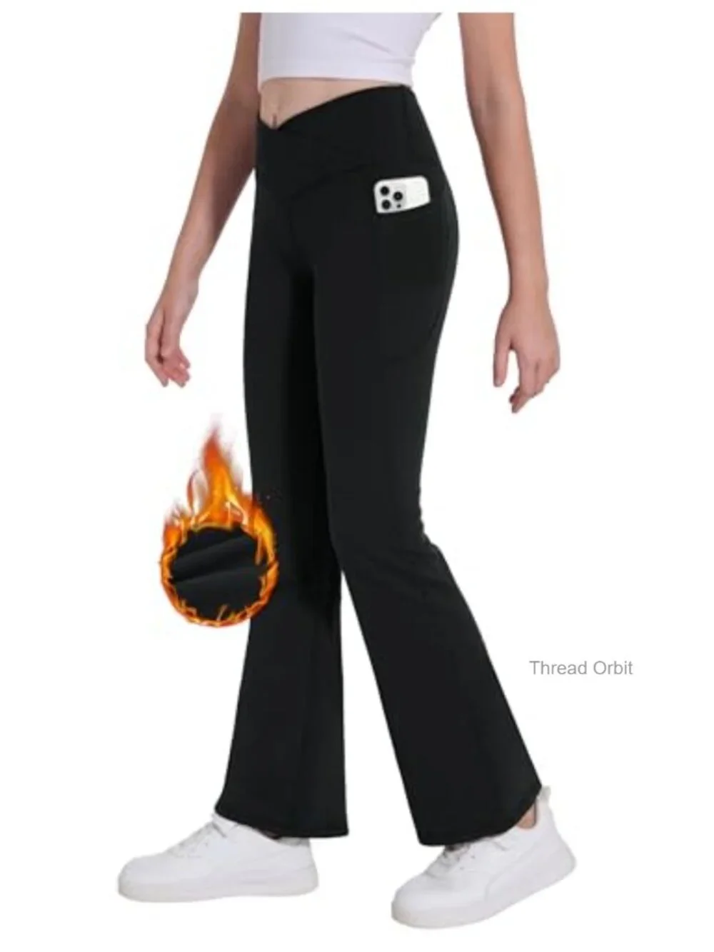 Fleece Lined Flare Leggings with Pockets Crossover High Waisted Bootcut Yoga